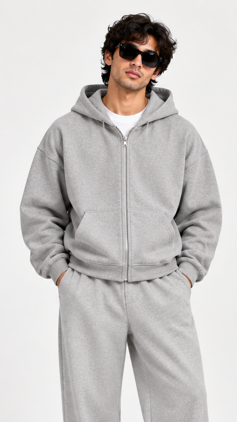 solid grey double  zipper hooide