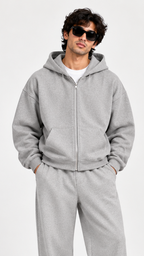 solid grey double  zipper hooide