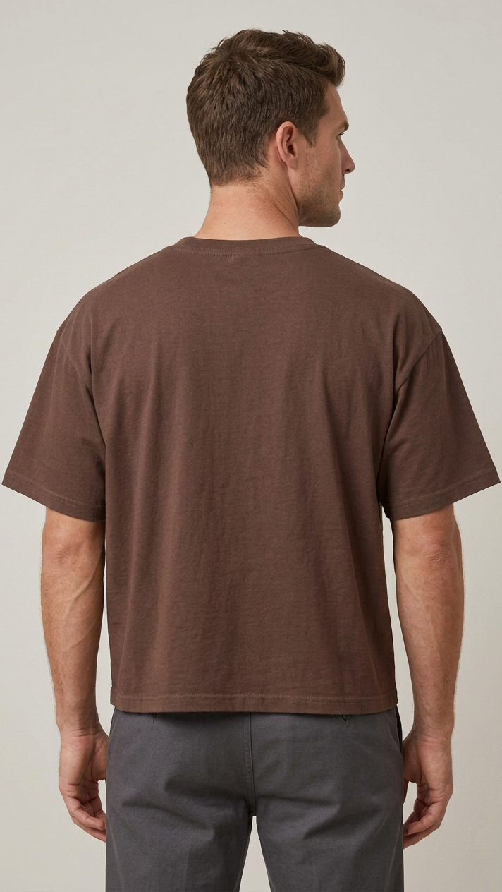 American model wearing the boxy-fit Crimson Crest Anime Tee, back view