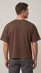 American model wearing the boxy-fit Crimson Crest Anime Tee, back view