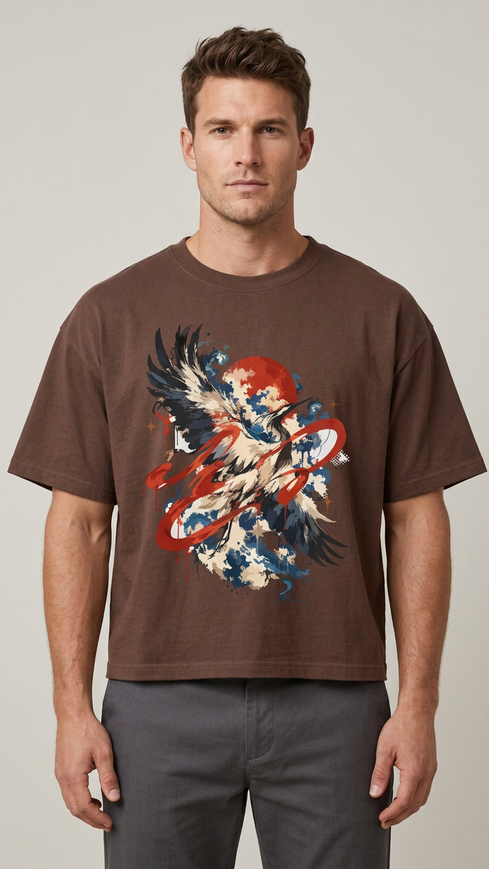 American model wearing the boxy-fit Crimson Crest Anime Tee, front view