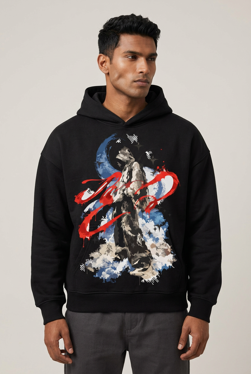 Clean-shaven Indian model wearing Neon Wanderer hoodie, front view