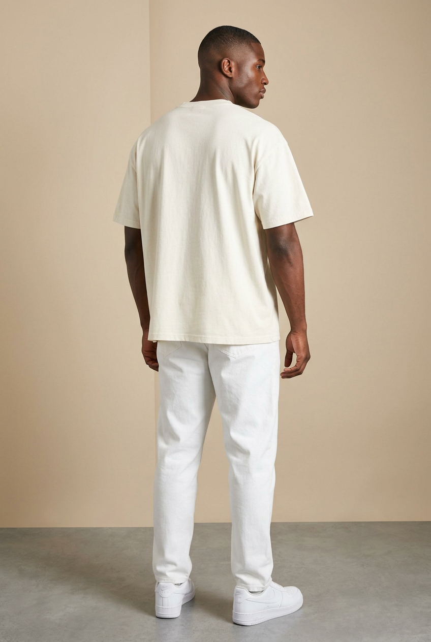Different model wearing the boxy-fit tee, plain back view