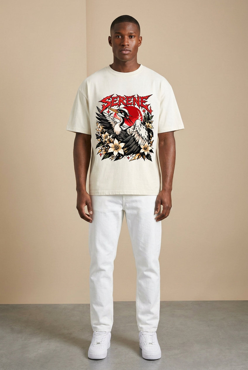 Front view of the Serene Crane boxy-fit tee using the new model