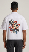 Indian model wearing Crimson Crest shirt, back view