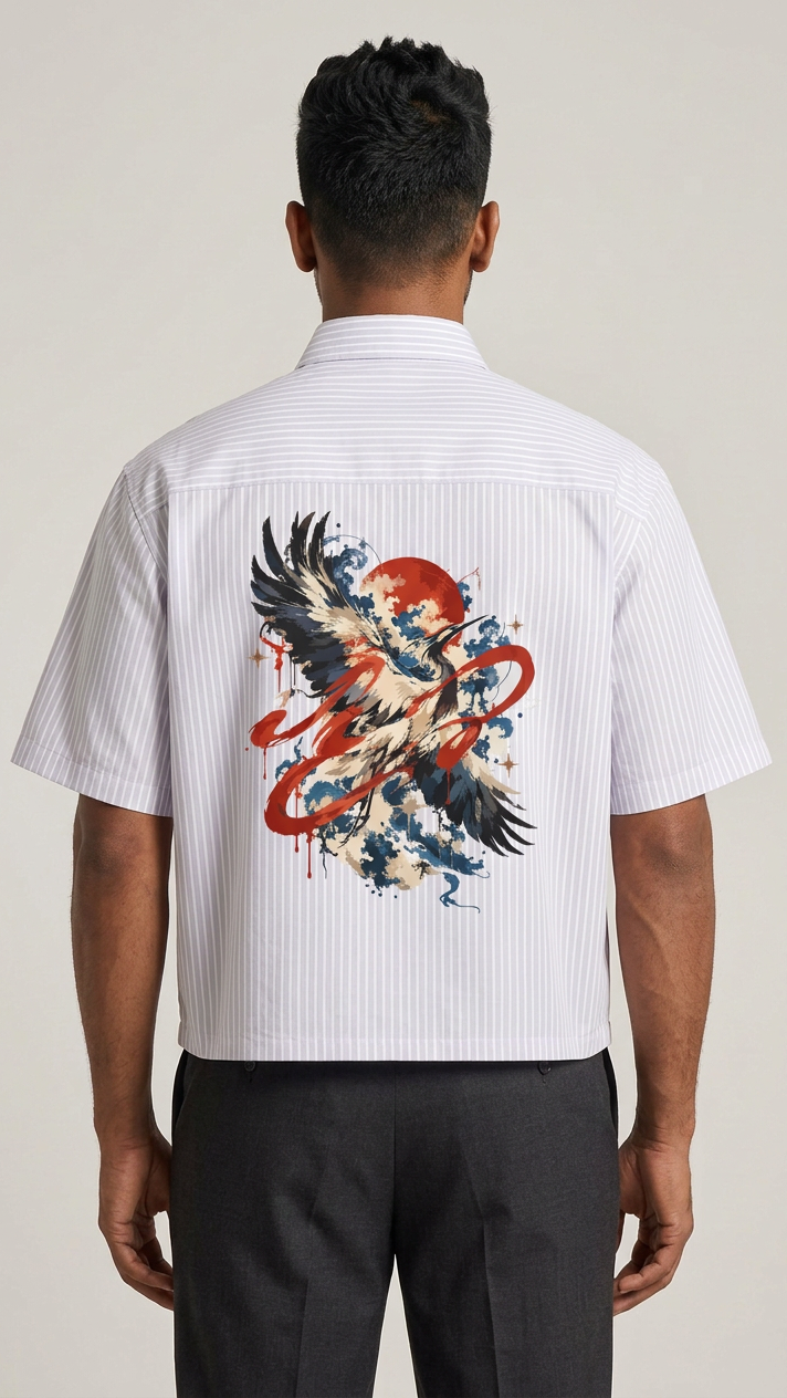 Indian model wearing Crimson Crest shirt, back view