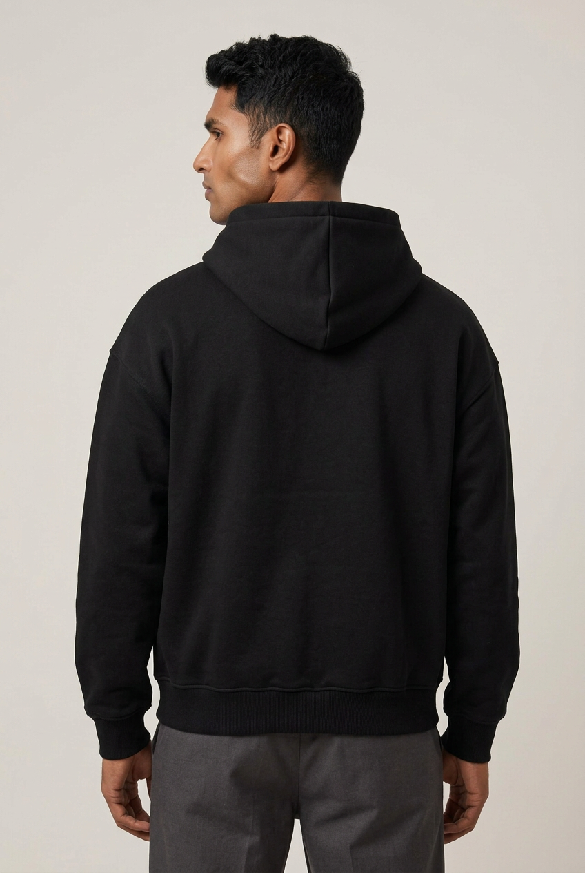 Indian model wearing Neon Wanderer hoodie, back view