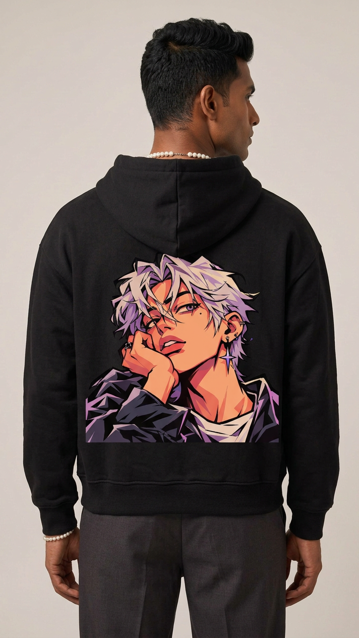 Indian model wearing the Cyber Vibe Anime hoodie, back view