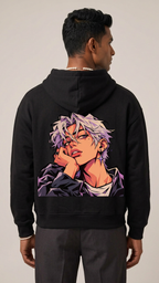 Indian model wearing the Cyber Vibe Anime hoodie, back view