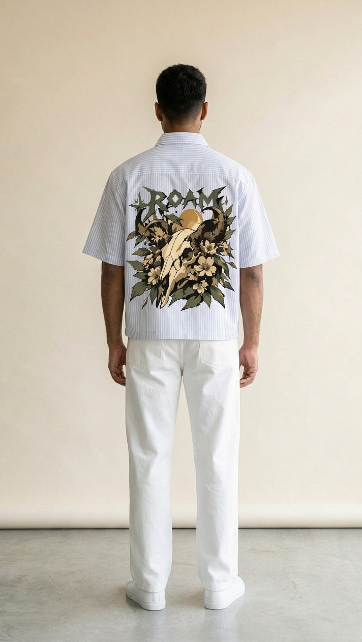 Matching model wearing the Roam Wild shirt, back view