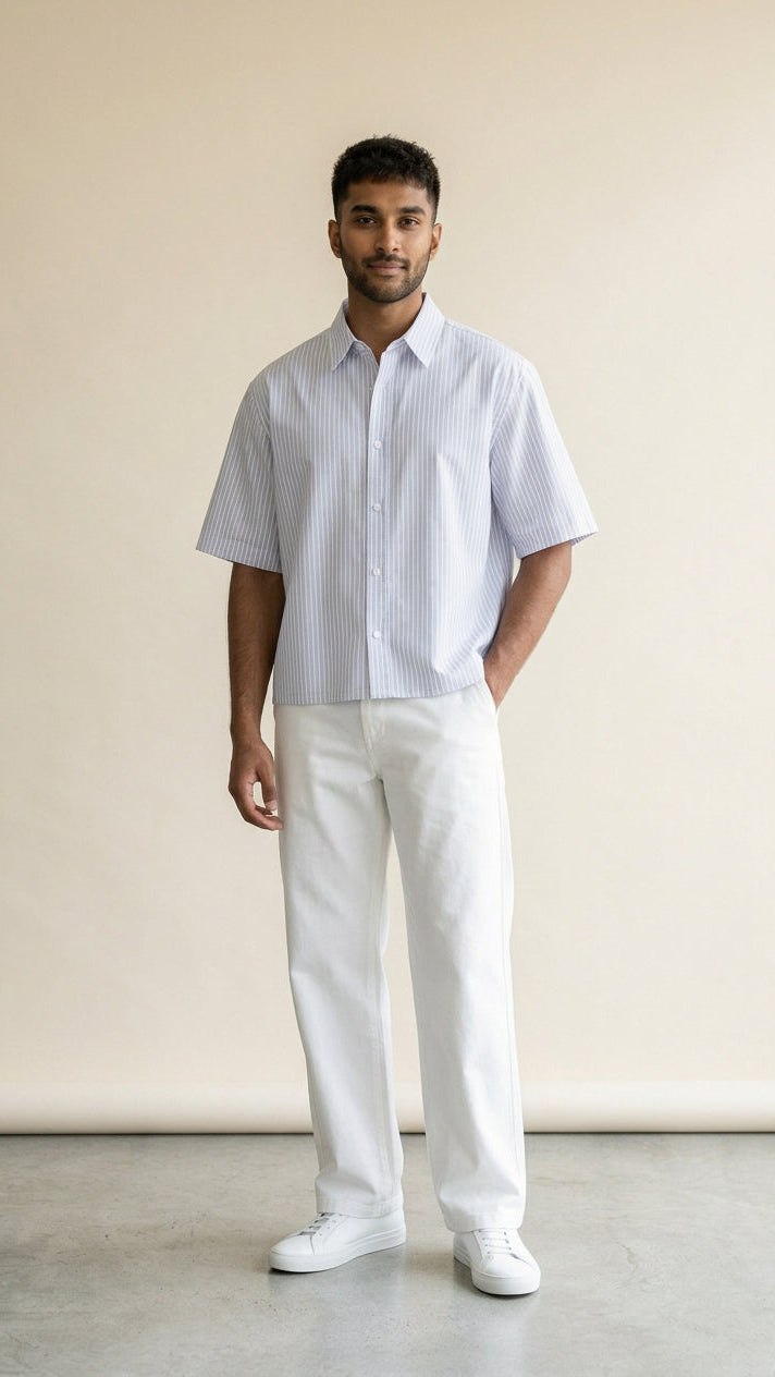 Blue Striped Oxford Boxy Shirt Front Design