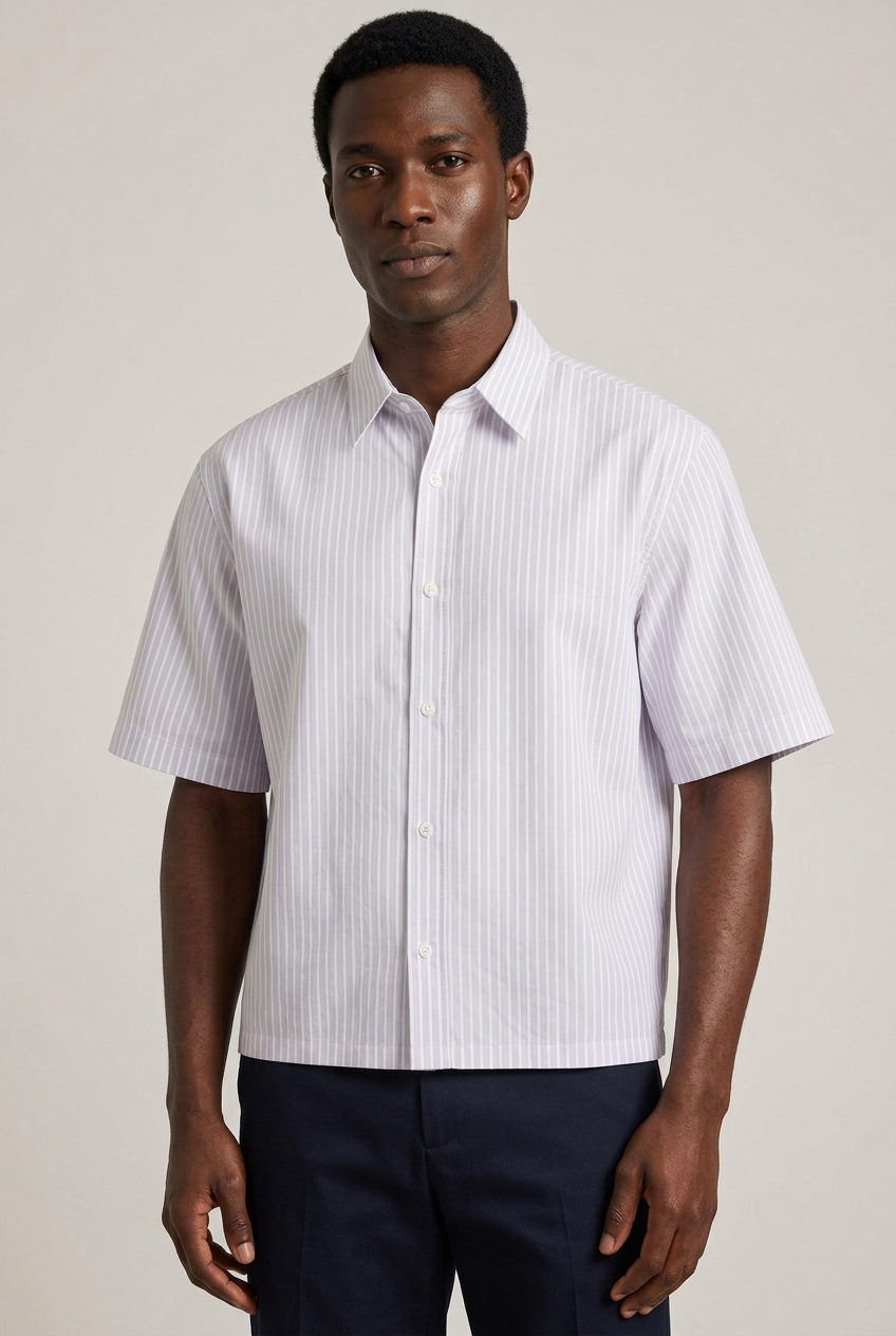 Slightly zoomed-out photo with a Black African model wearing the striped shirt